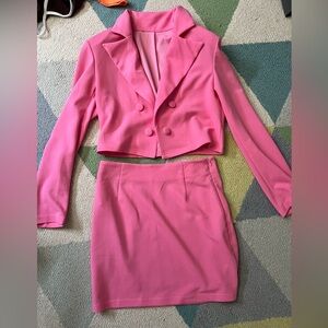 Bright pink skirt and cropped blazer set